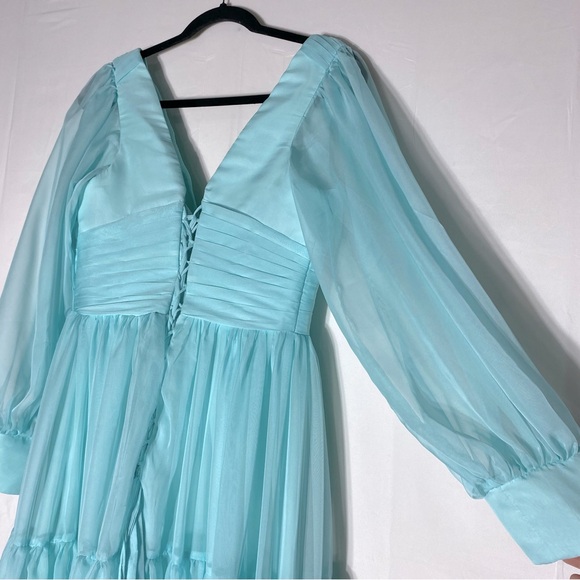 Vnaix Elegant Light Blue Tiered Chiffon Maxi Length Bubble Sleeve Prom Dress M/L - Picture 15 of 16